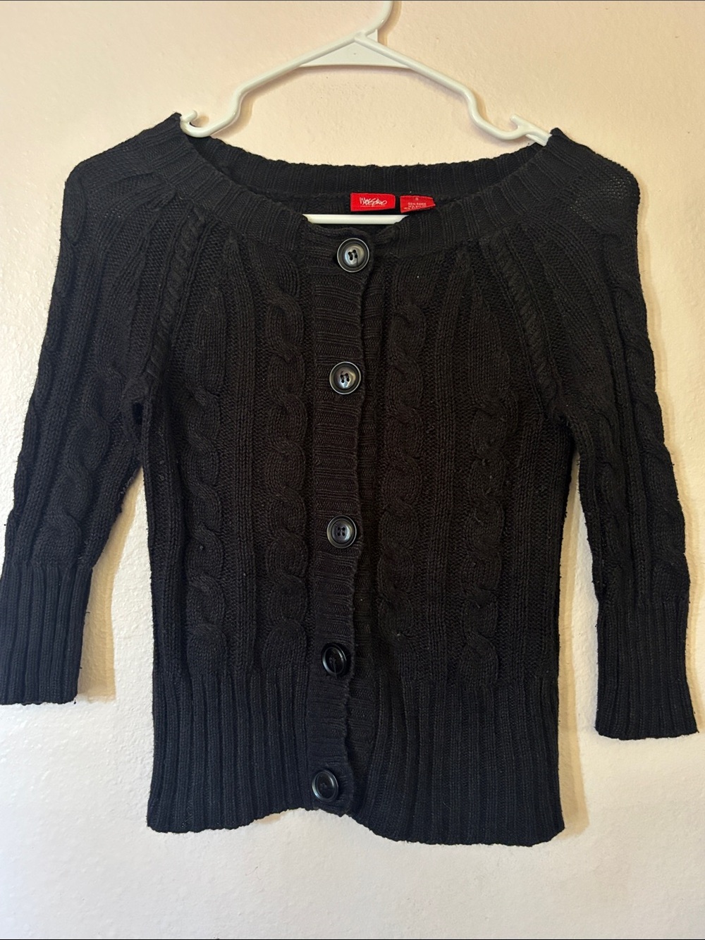 Mossimo Y2K Black Cable-Knit Button Front Cardigan, 3/4 Sleeves, Size S
